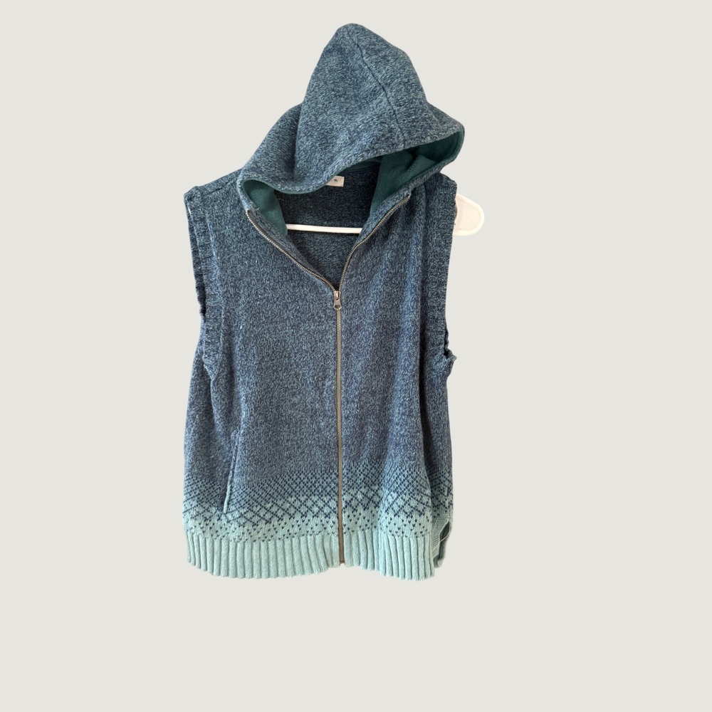 Woolrich Womens Blue Ombre Fair Isle Full Zip Hooded Sweater Vest Large Fall